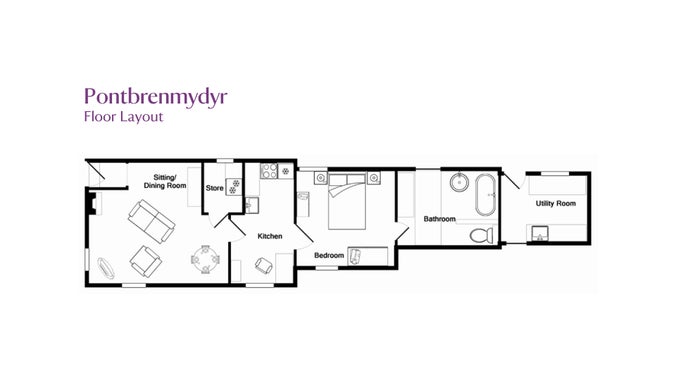 The floor plan for Pontbrenmydyr, showing sitting/dining room, kitchen, double bedroom, bathroom and utility room in an attached outbuilding